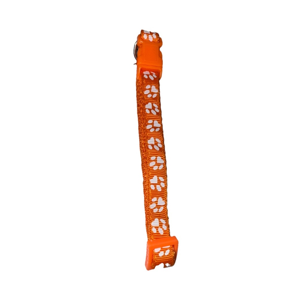 Pet Collar w/Bell Orange White Paw Patterned SM-MD Adjustable NEW